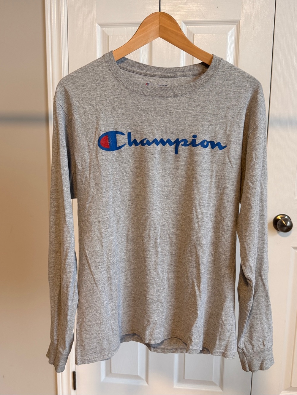 Champion Heather Gray Long Sleeve Shirt with Red & Blue Logo